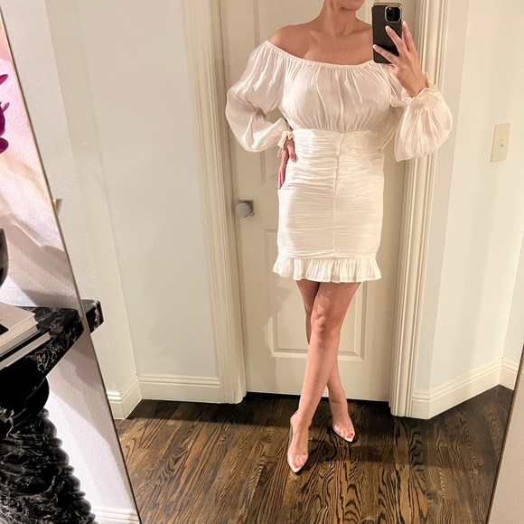 Shimmery Bardot style off the shoulder mini dress. - Picture 3 of 7